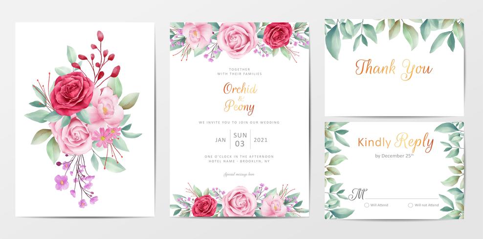 Elegante plantilla de tarjetas de invitación de boda floral con flores vector