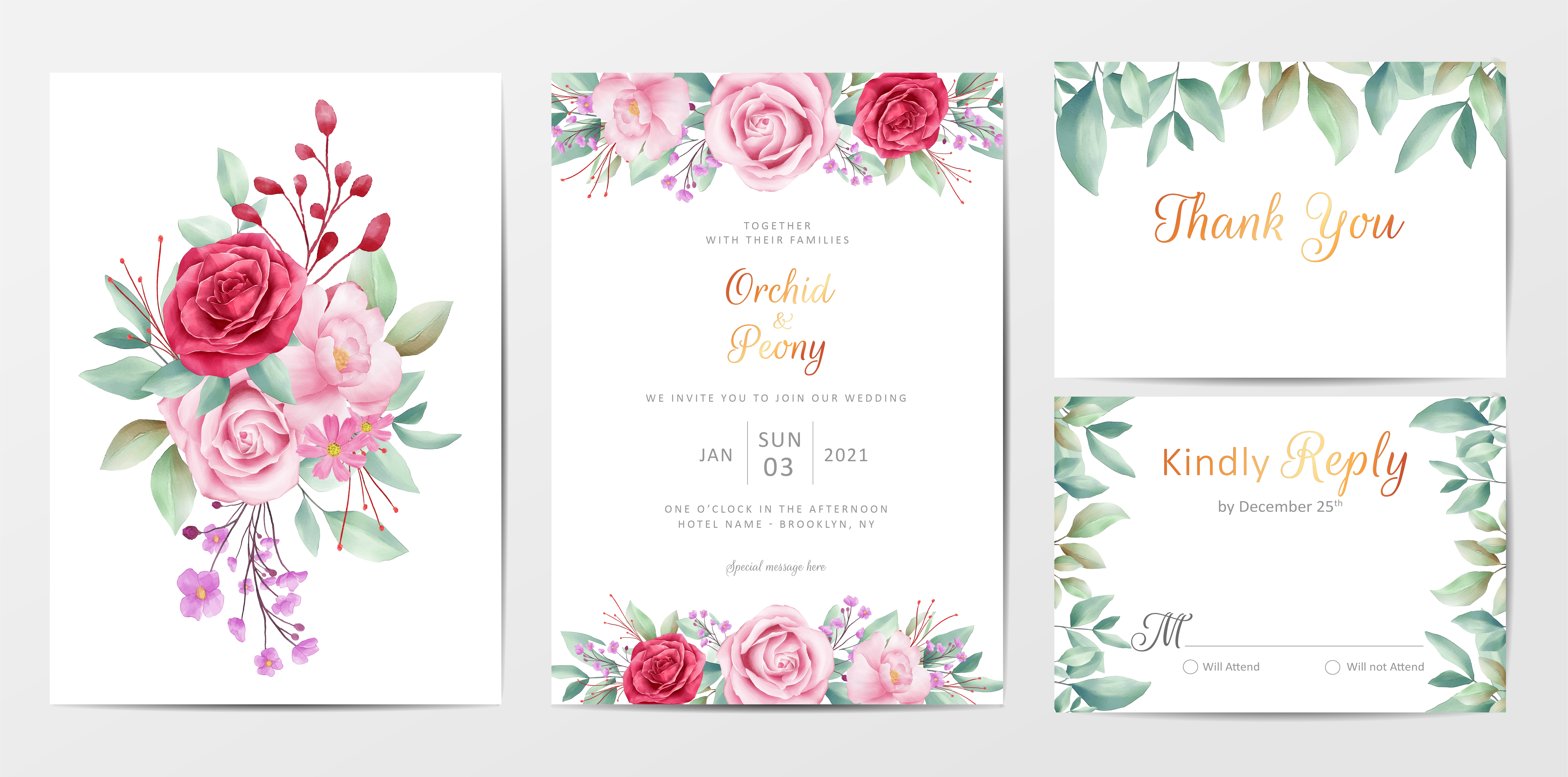 Elegant floral wedding invitation cards template set with flowers ...