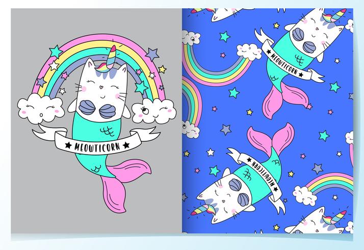 Hand drawn cute mermaid cat with pattern set vector