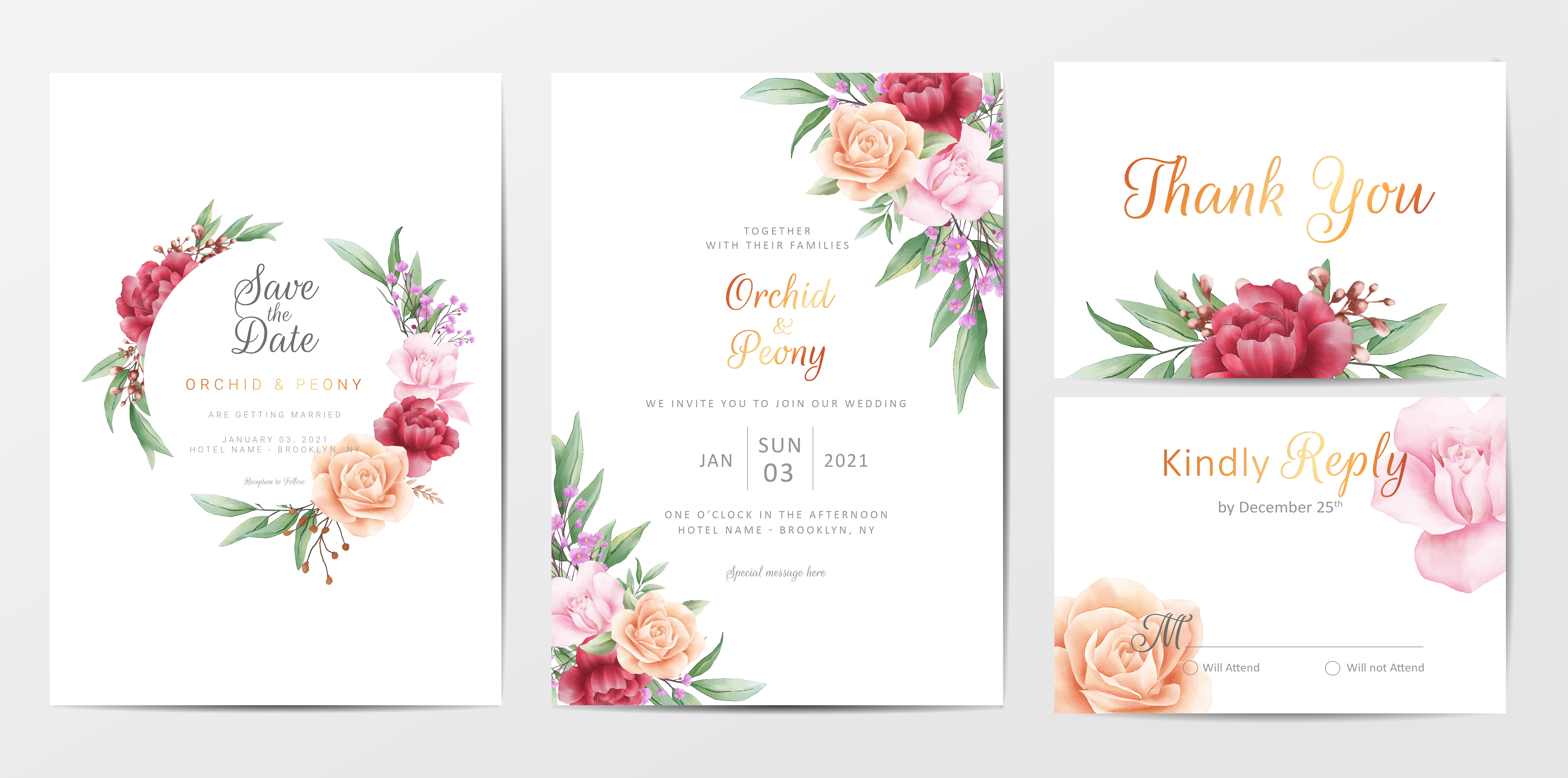 romantic foliage wedding invitation cards template set