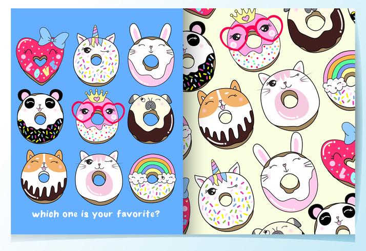 Hand drawn cute animal donuts with pattern set vector