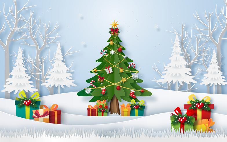 Origami paper art of Christmas tree in the forest with presents vector