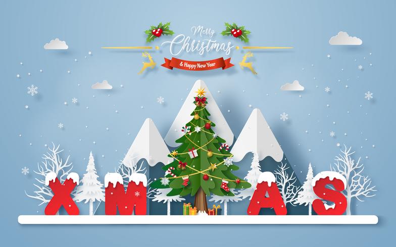Christmas tree with word XMAS at the mountain 673390 Vector Art at Vecteezy