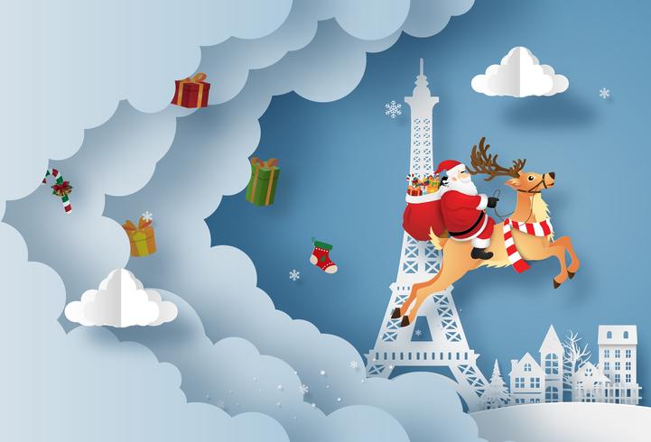 Santa Claus give presents in town and Eiffel tower vector