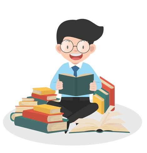 Hombre de negocios leyendo montones de libros vector