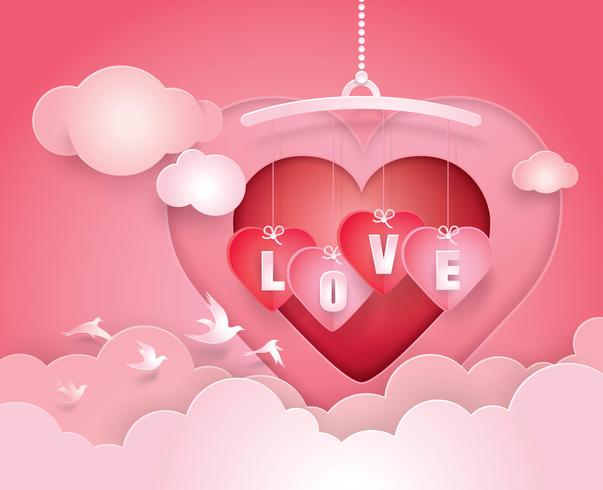 Heart Mobile and Love Alphabet letters Hanging in sky with clound vector