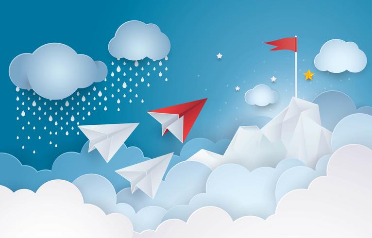 Paper Plane flying to the Red Flag top of a mountain in sky cloud vector