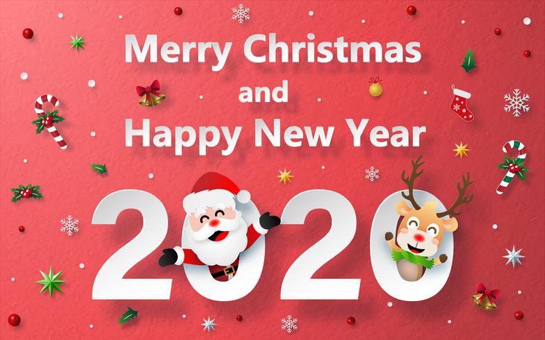 Celebración de Navidad y feliz año nuevo con Santa Claus y renos sobre fondo rojo textura de papel vector