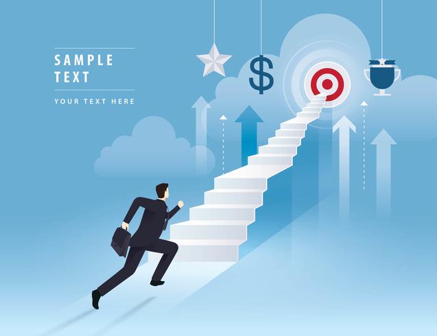 Businessman running up stairway to the target vector