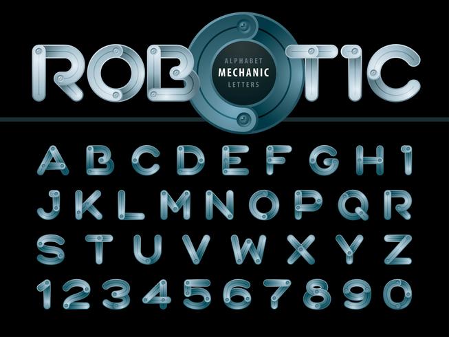 Alfabeto moderno robot y mecánico Letras y números vector