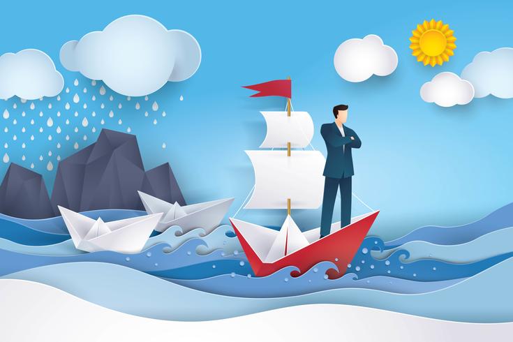 Businessman on Red and white sailing boat in the ocean vector