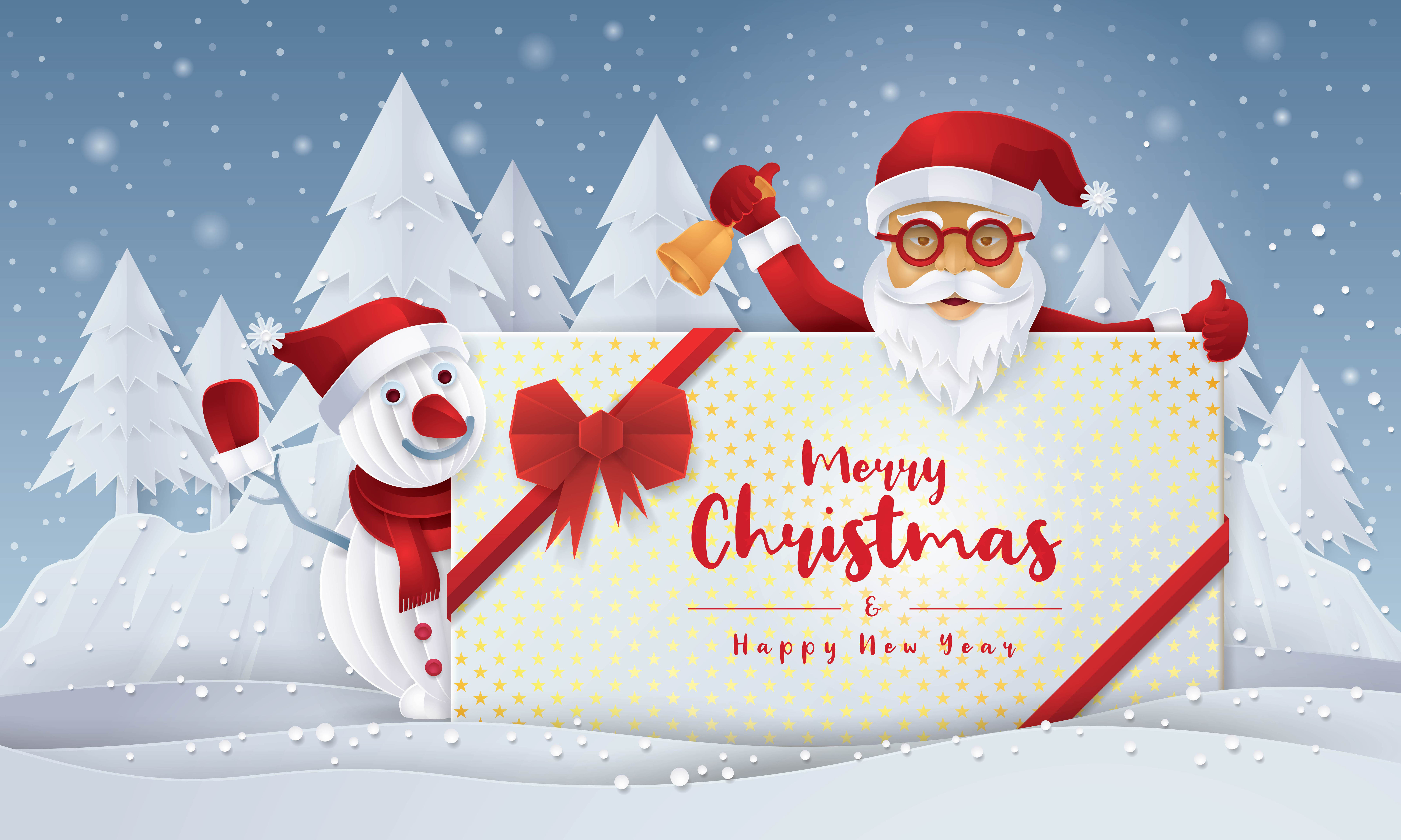 Santa Claus and Snowman holding gift with Merry Christmas Greeting Card