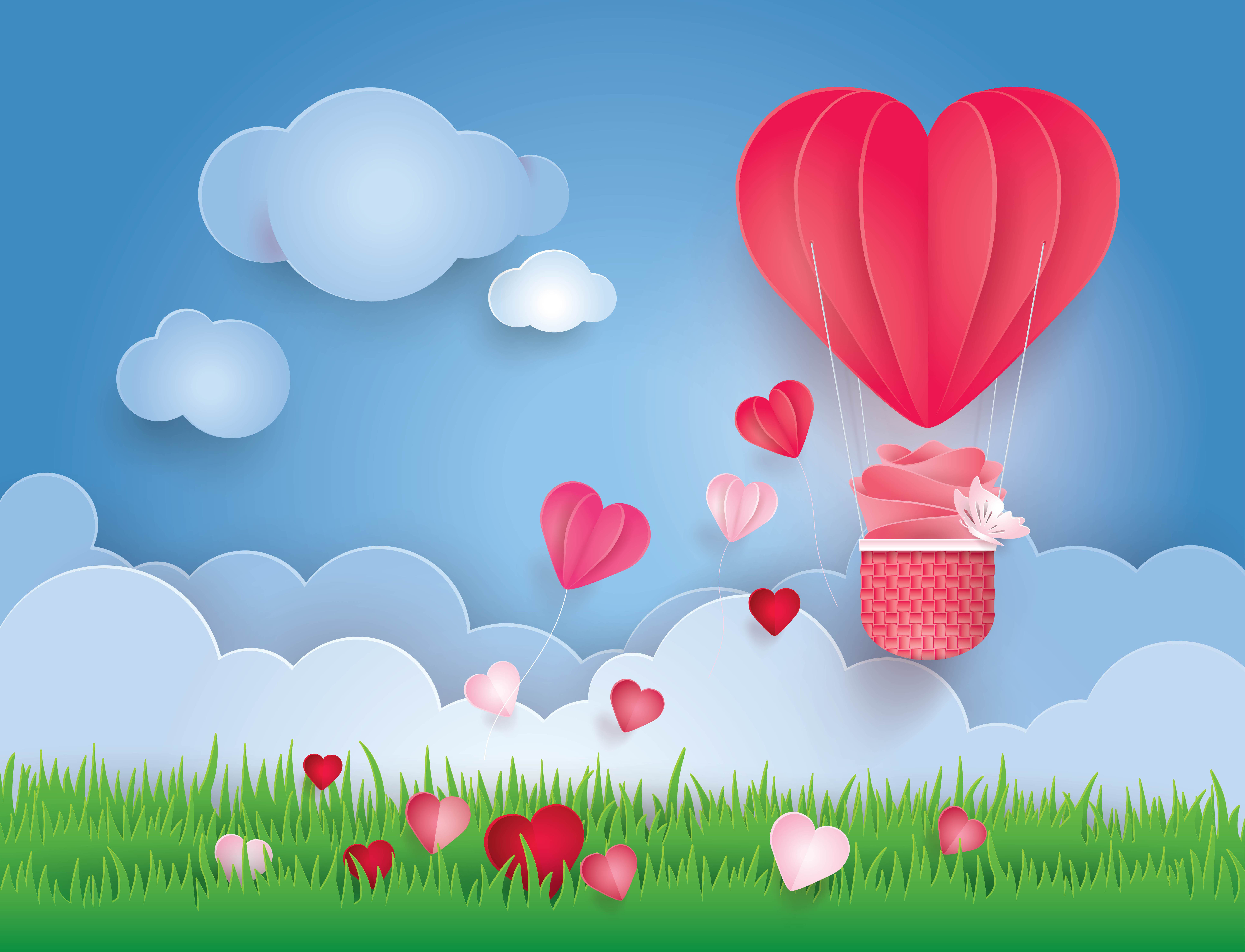 Heart Shaped Hot Air Balloon Flying in sky with clouds, Pink Rose and Butte...