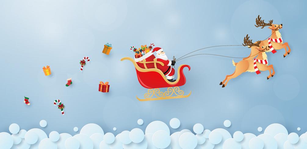 Origami paper art of Santa Claus and reindeer flying in the sky vector