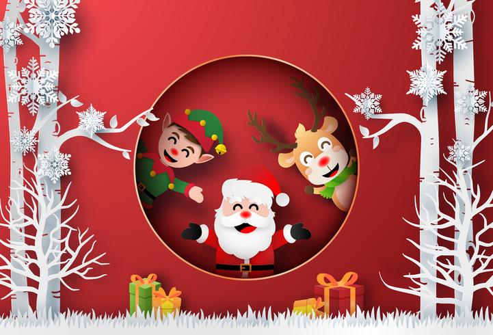 Origami paper art of Santa Claus, Reindeer and Elf in the forest with Christmas gift vector