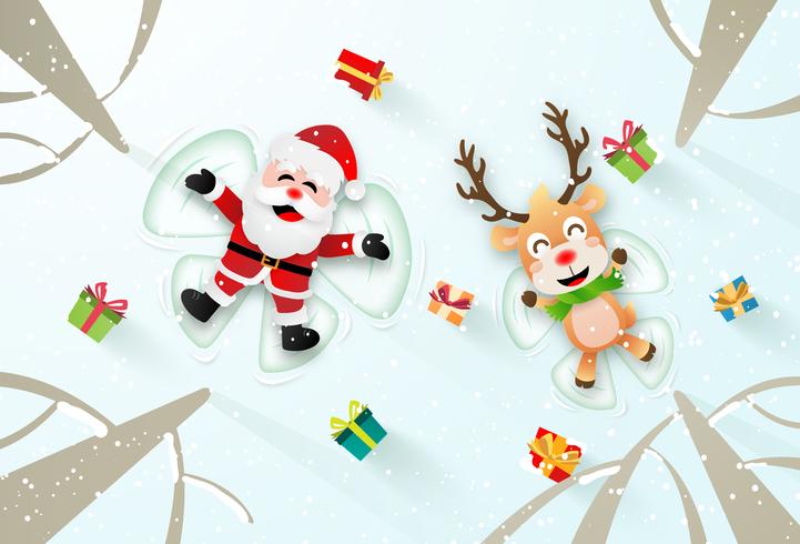 Santa Clause and Reindeer Making Snow Angles  vector