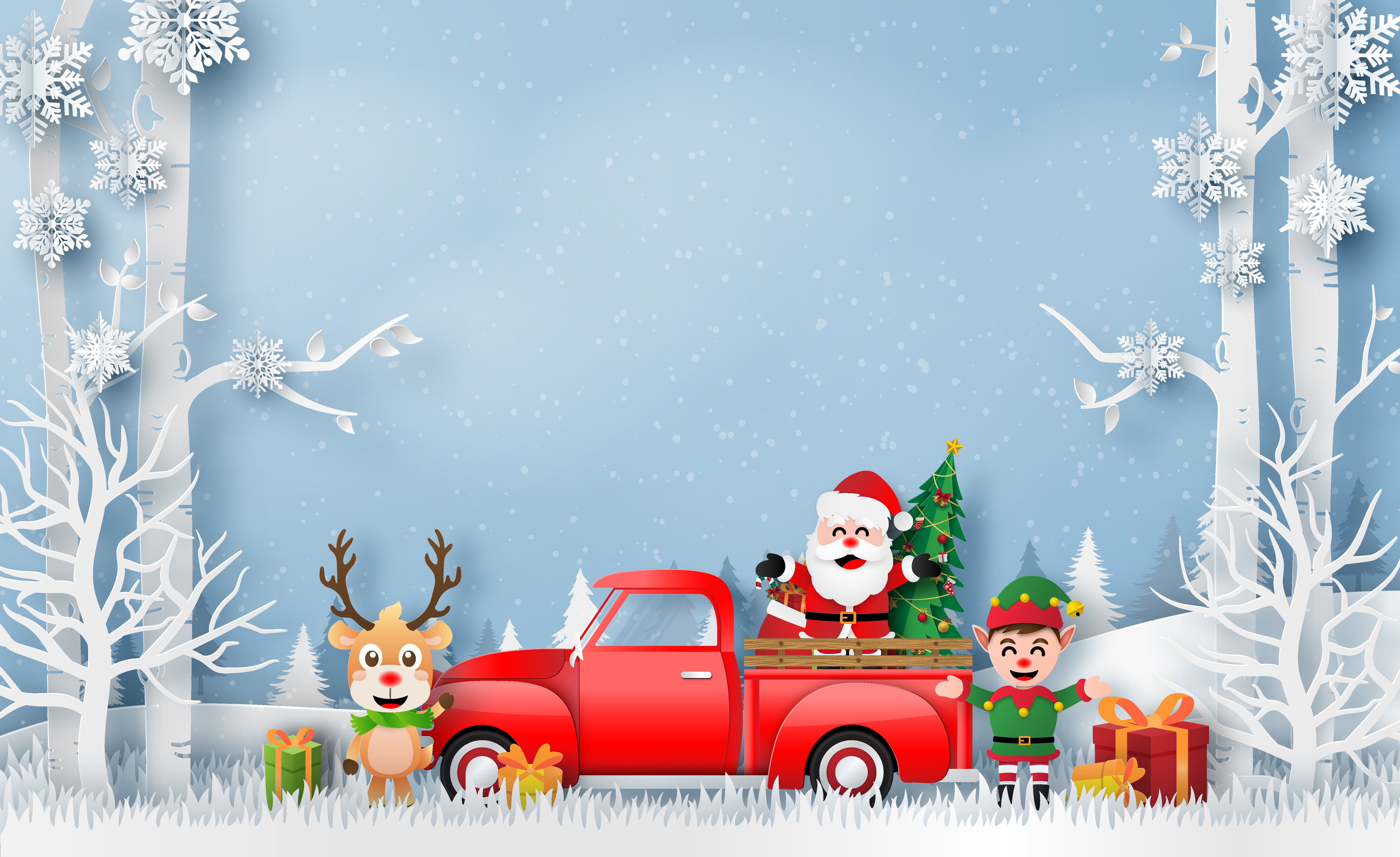 Christmas card with red truck with Santa Claus and Reindeer 673604