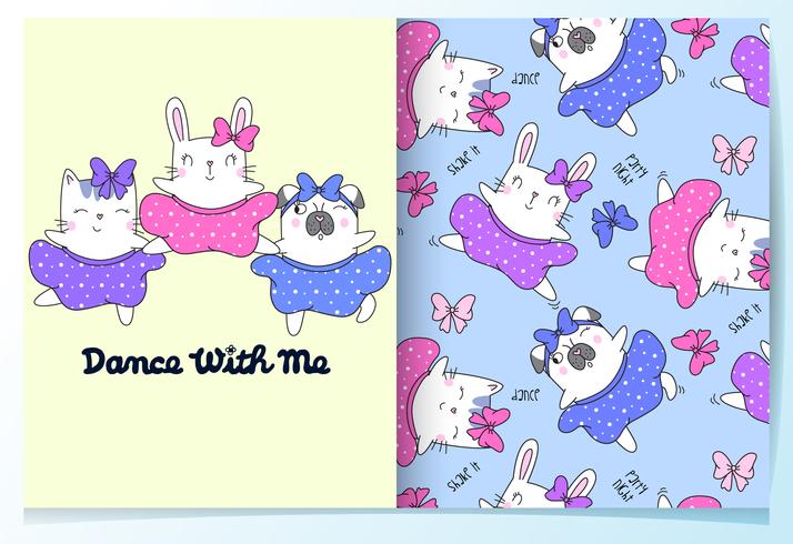 Hand drawn cute cat, rabbit, dog dancing with skirts pattern set vector