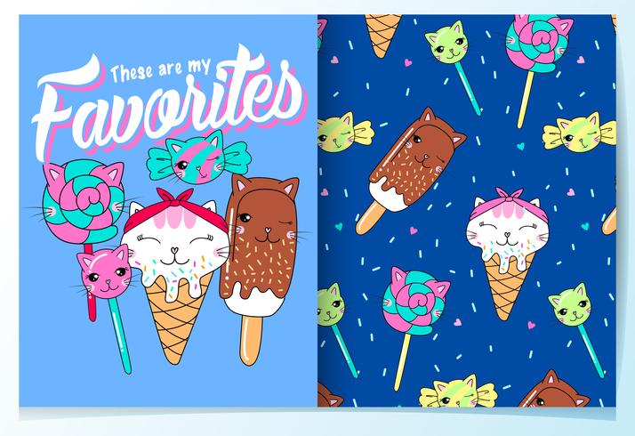 Hand drawn cute candy and ice cream cats with pattern set vector