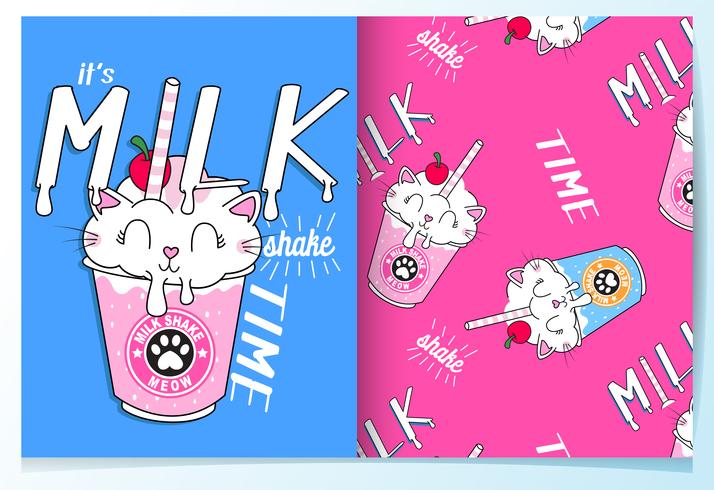 Hand drawn cute cat drinks with pattern set vector