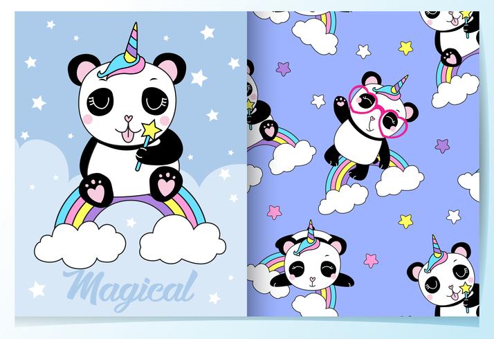 Hand drawn cute panda with unicorn horn pattern set vector