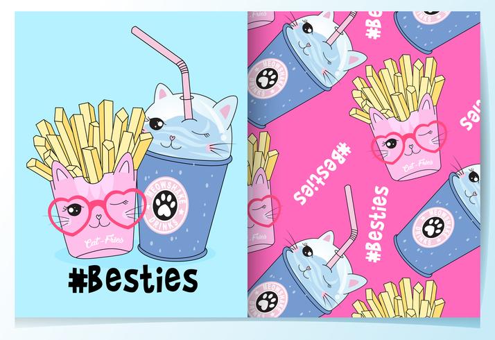 Hand drawn cute cat french fries and drink best friends with pattern set vector