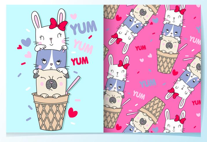 Hand drawn cute animals in ice cream cone with pattern set vector