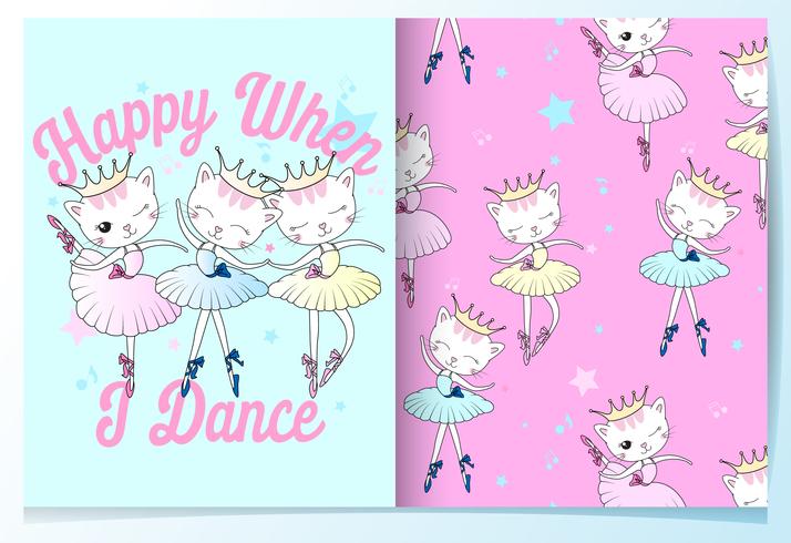 Hand drawn cute cat in ballet outfits pattern set vector