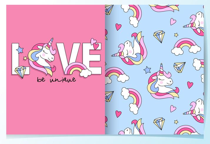 Hand drawn cute unicorn in the word love pattern set vector