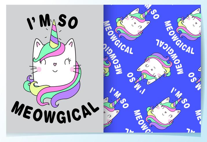 Hand drawn cute cat with unicorn horn pattern set vector