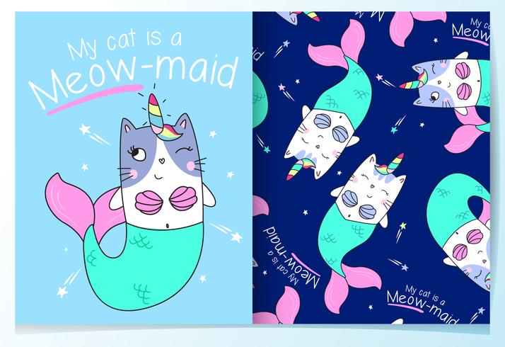 Hand drawn cute mermaid cat with pattern set 673728 vector art at vecteezy