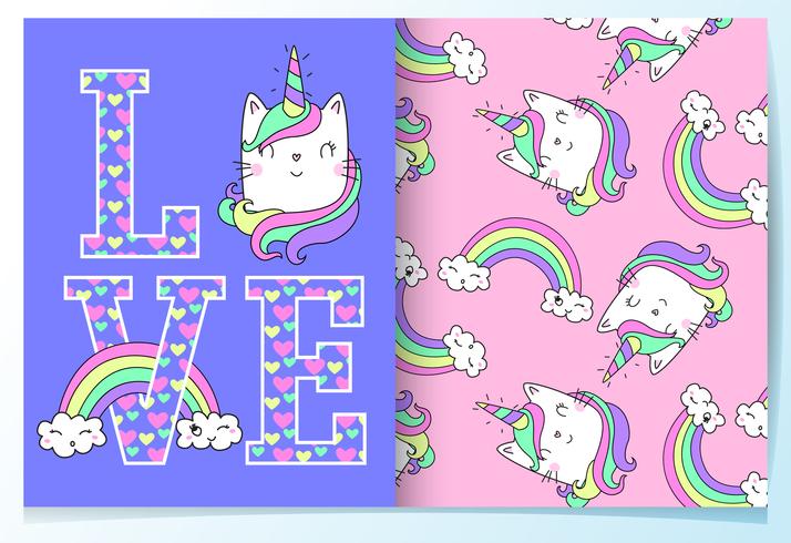 Hand drawn cute cat unicorn in the word love with pattern set vector