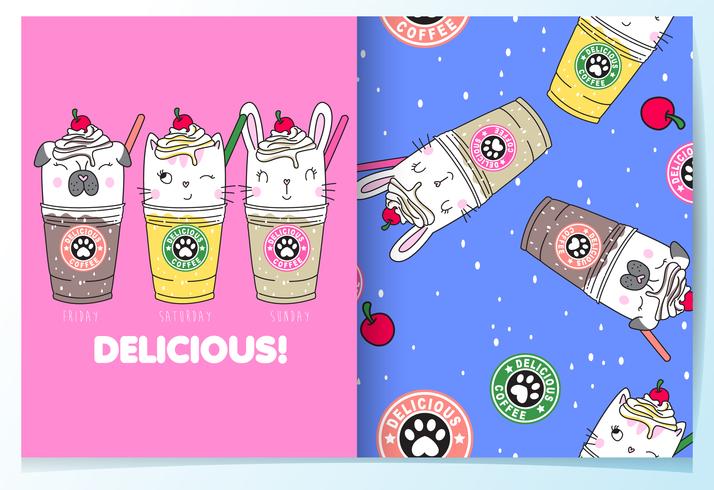 Hand drawn cute cat, dog and rabbit drinks with pattern set vector