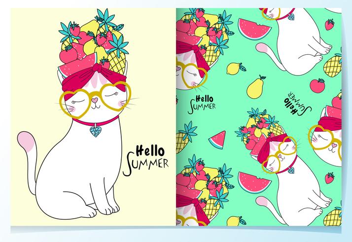 Hand drawn cute cat with fruit hat pattern set vector