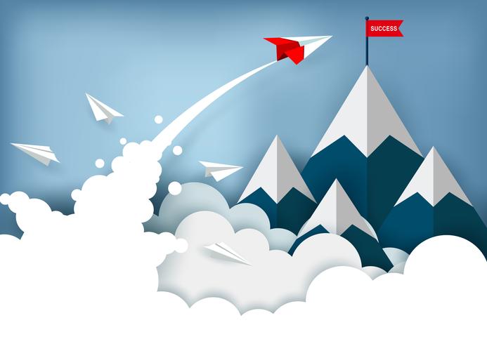 Paper airplane flying toward top of mountain  vector