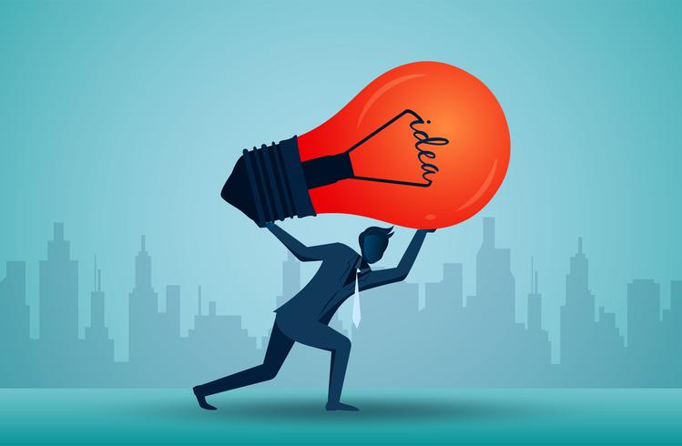 Businessman holding red idea bulb above head  vector