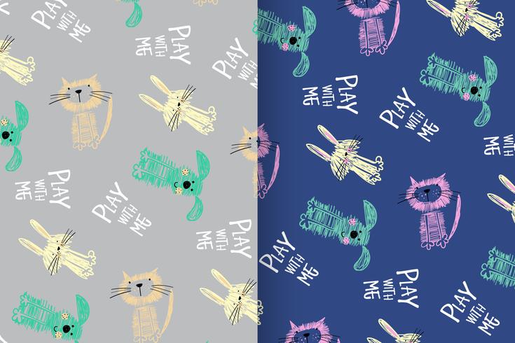 Play With Me Hand drawn cute dog and cat pattern set vector