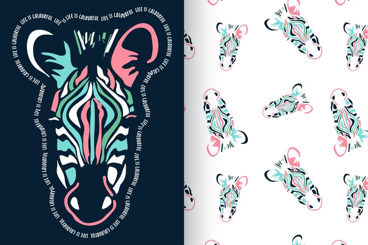 Hand drawn cute zebra with pattern set vector