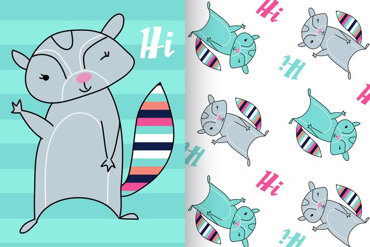 Hand drawn cute raccoon with pattern set vector