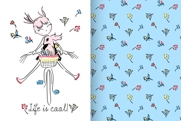 Life is Cool Hand drawn cute girl with pattern set vector