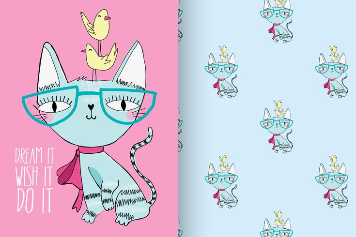 Cute Modern Hand Drawn Cat with Pattern Set vector