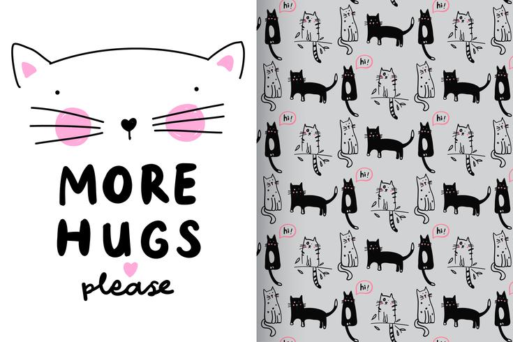 More Hugs Hand drawn cute kitty with pattern set vector