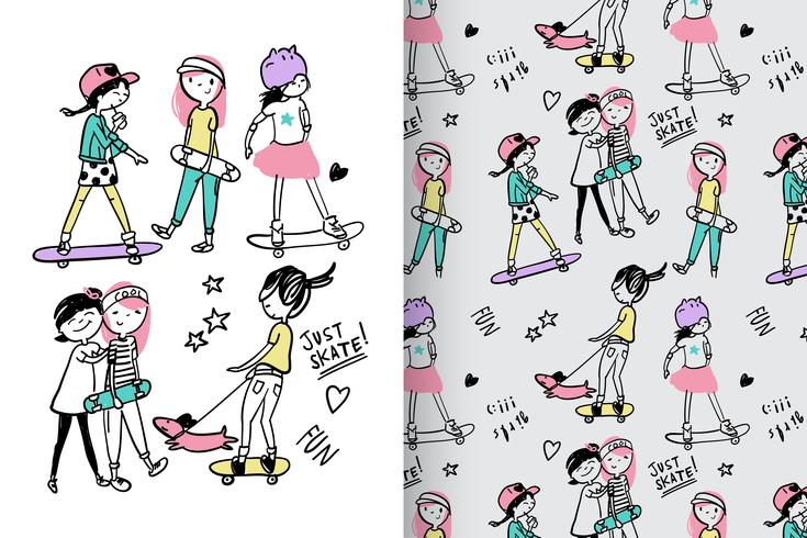 Girls Just Skate Hand Drawn Pattern vector