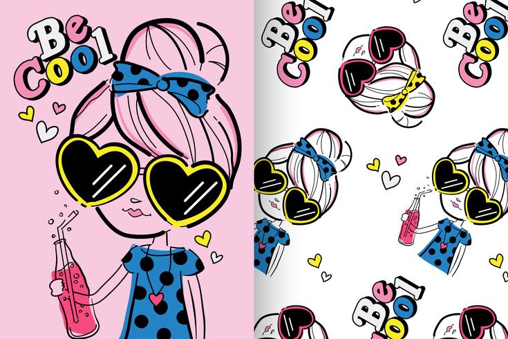 Be Cool Hand drawn cute girl with pattern set vector