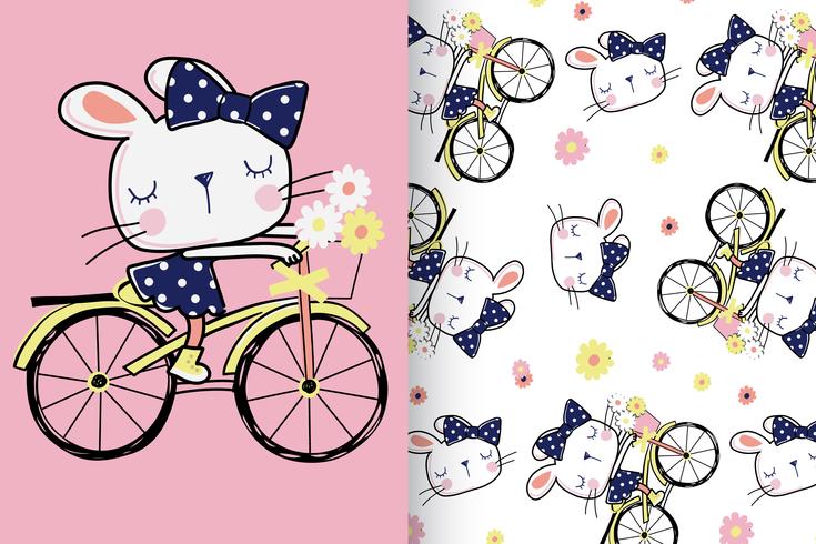 Bunny On Bike Hand Drawn Pattern vector