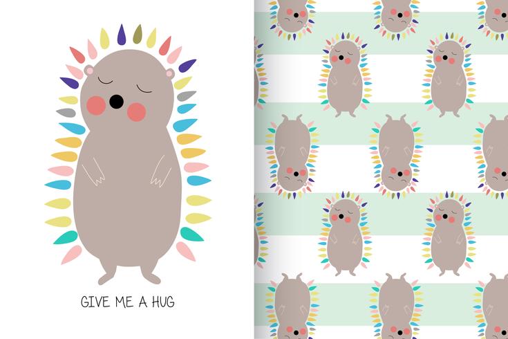 Hand drawn cute hedgehog with pattern set vector