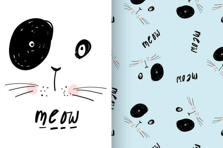 Meow Whiskers Hand drawn Cat with pattern set vector