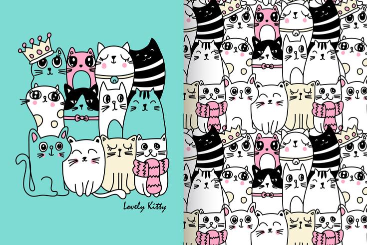 Lovely Kitty Hand Drawn Pattern Set vector