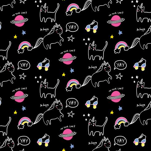 Hand drawn unicorn and cat pattern on black background  vector