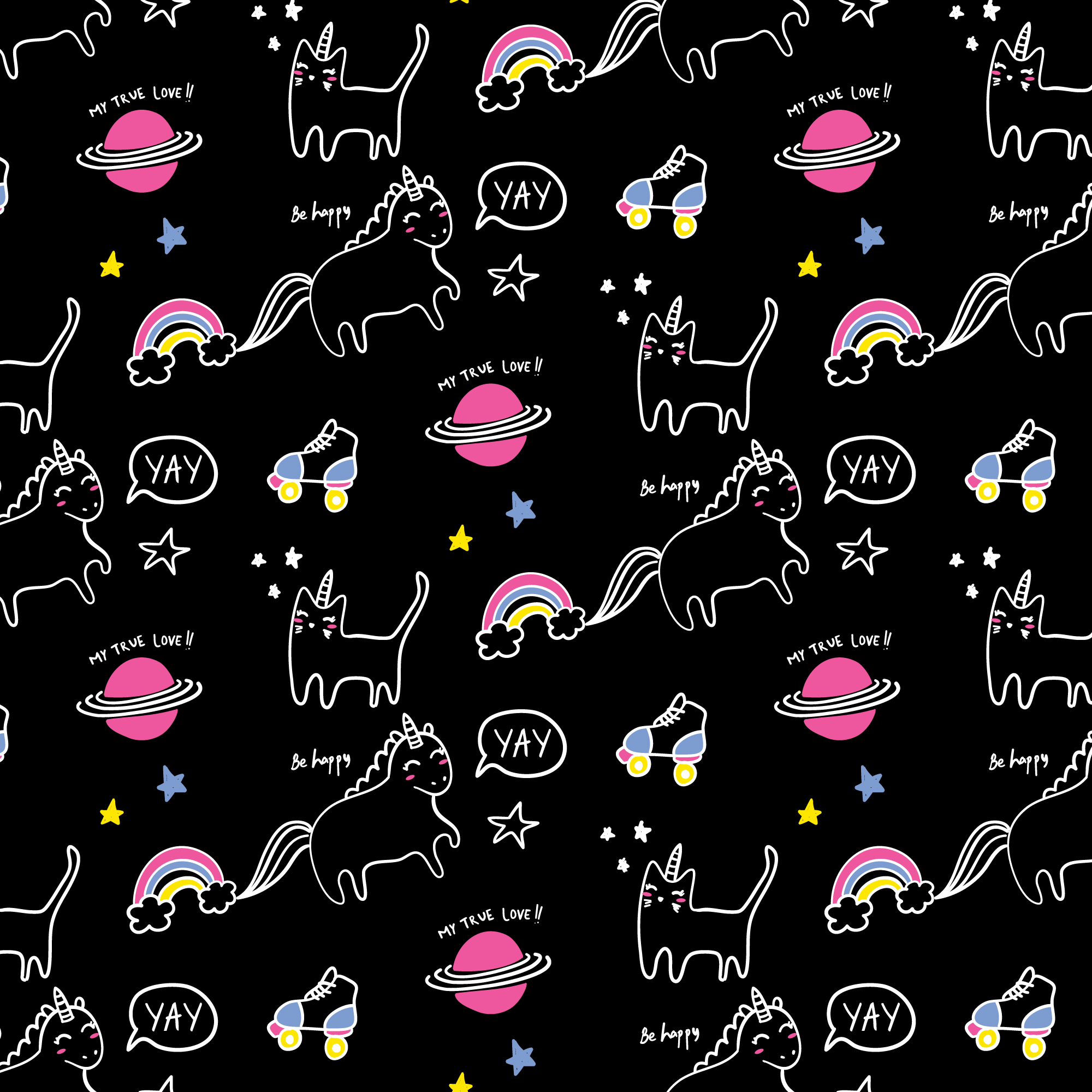 Hand drawn unicorn and cat pattern on black background 673840 ...